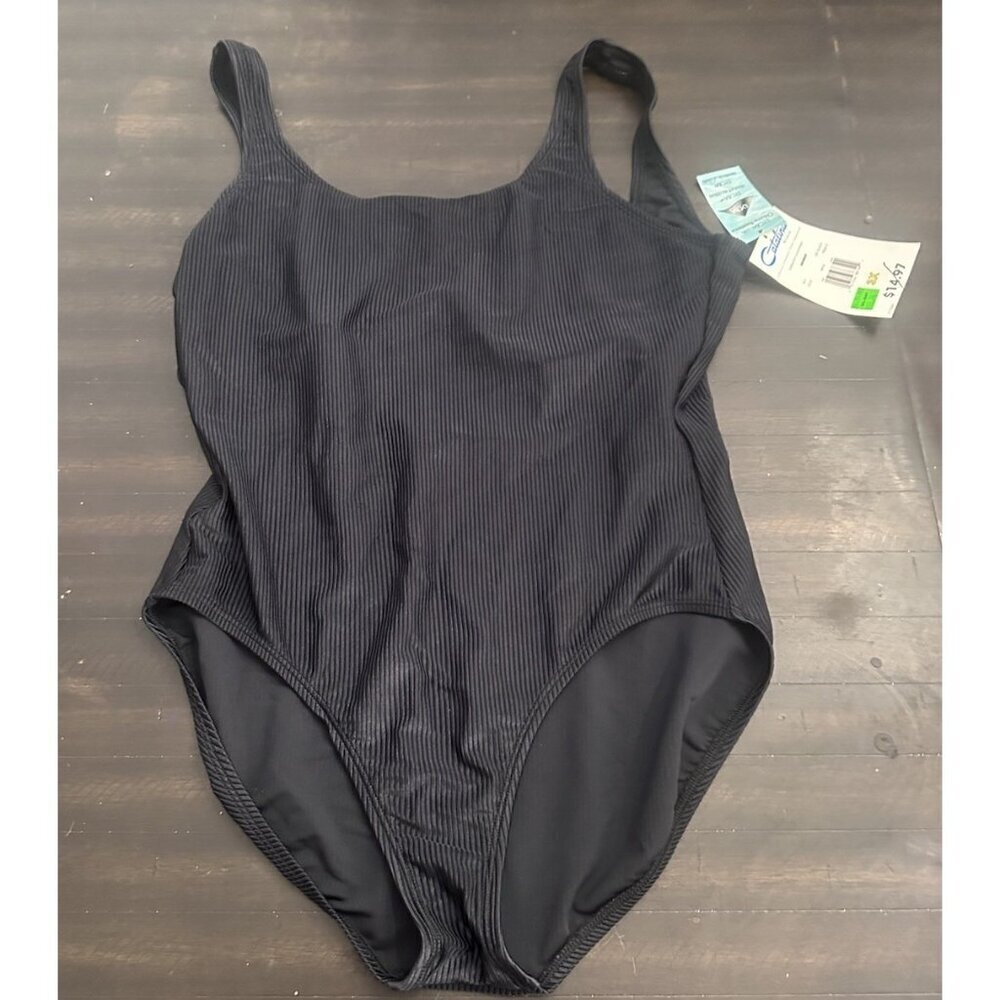 90's Vintage Catalina Swimsuit Ribbed Black Low Back High Cut Leg Sz 3x NWT